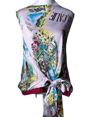 Tiny Anthropologie San Francisco Postcard Print Rayon Tie Blouse Size XL